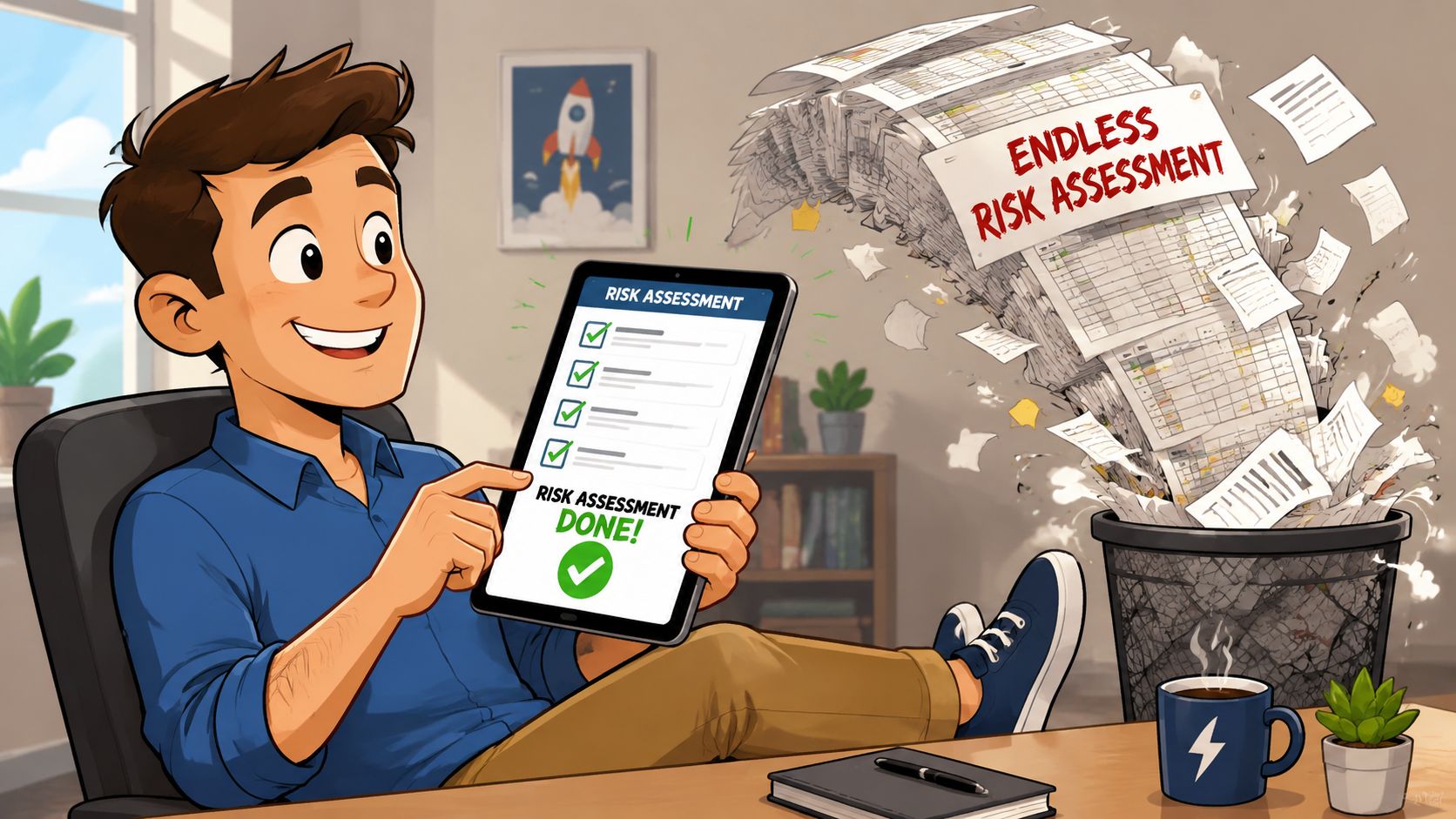 A happy office worker completing a digital risk assessment task, discarding a pile of paperwork into a trash bin.