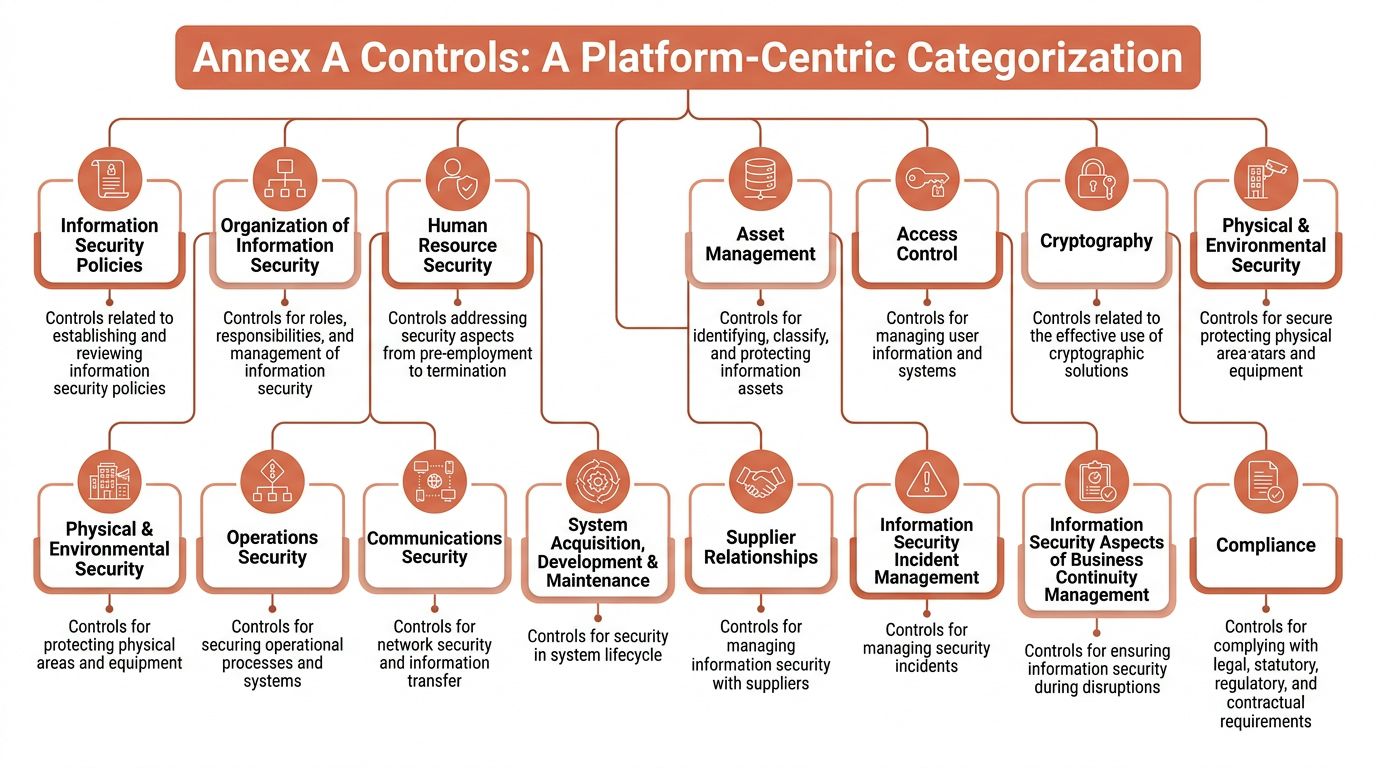 A diagram illustrating the platform-centric categorization of ISO 27001 Annex A security controls and their descriptions.