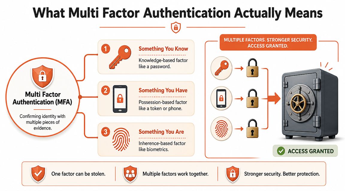 An infographic explaining multi-factor authentication with three categories: something you know, something you have, and something you are.