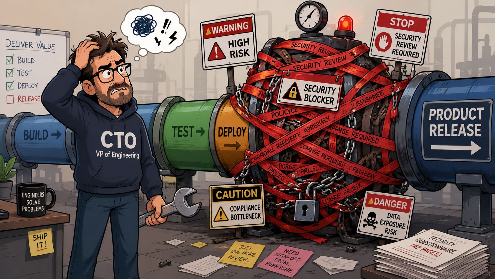 A frustrated CTO stands before a pipeline blocked by excessive security bureaucracy, red tape, and paperwork.