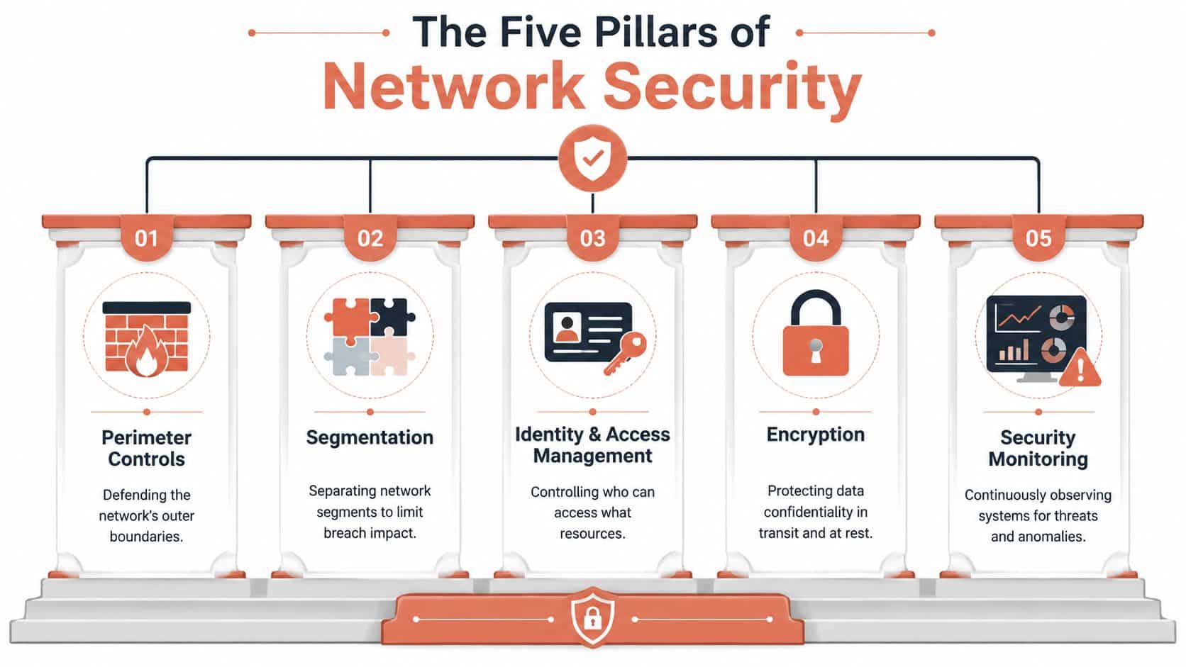 A diagram illustrating the five pillars of network security: perimeter controls, segmentation, identity access management, encryption, and monitoring.
