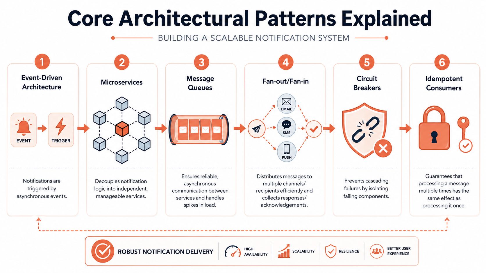 A diagram illustrating six core architectural patterns for building a scalable and robust notification system.