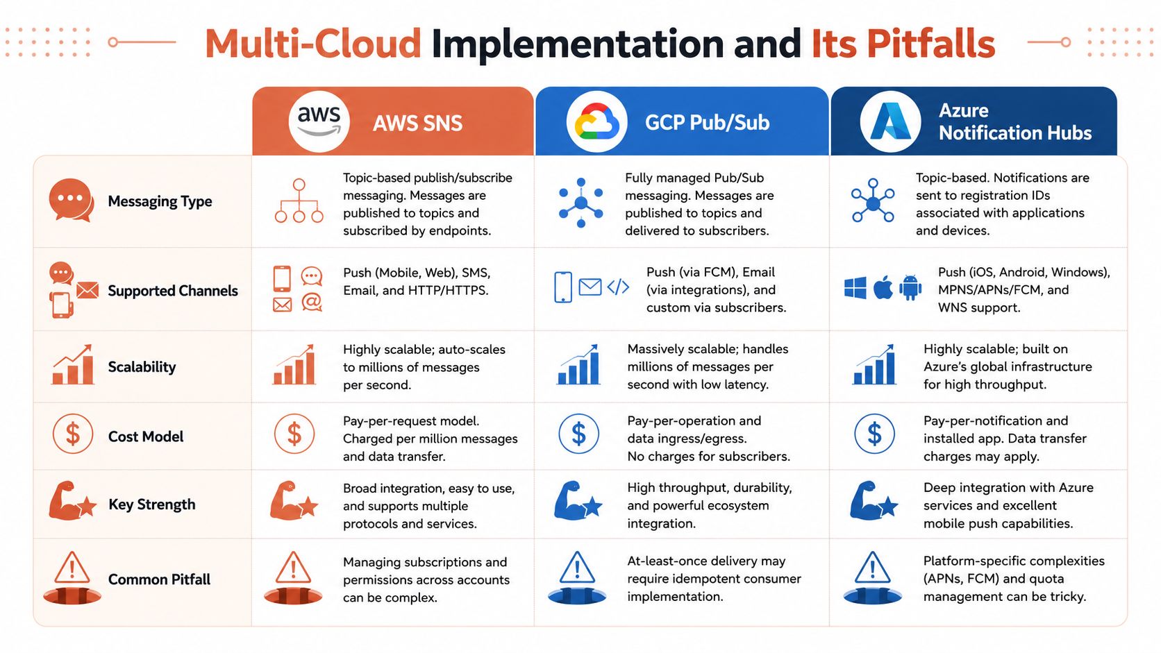 A comparative table outlining the features, scalability, and pitfalls of AWS SNS, GCP Pub/Sub, and Azure Notification Hubs.