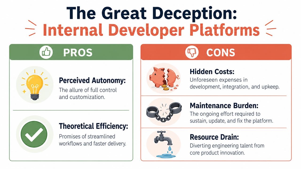 An infographic titled The Great Deception of Internal Developer Platforms, comparing their pros and cons.