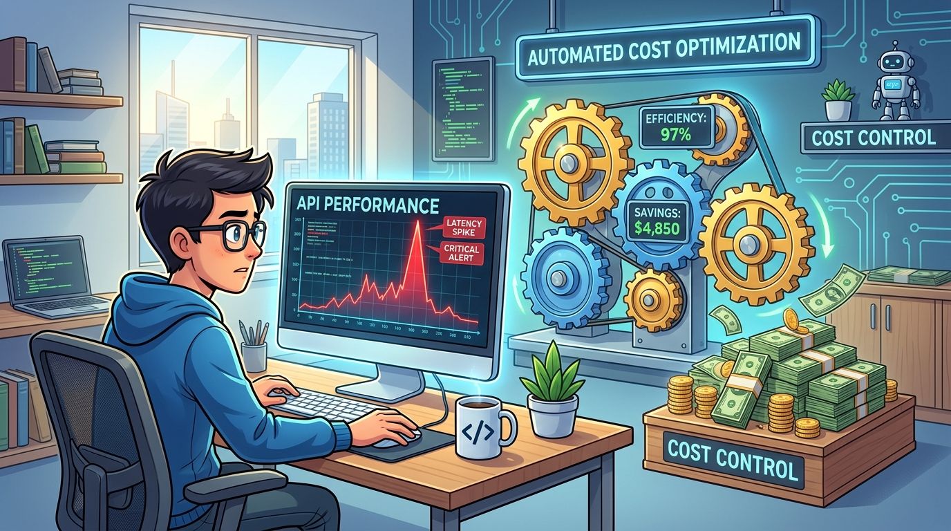 A developer monitors API performance metrics while an automated system manages cost optimization and financial savings.