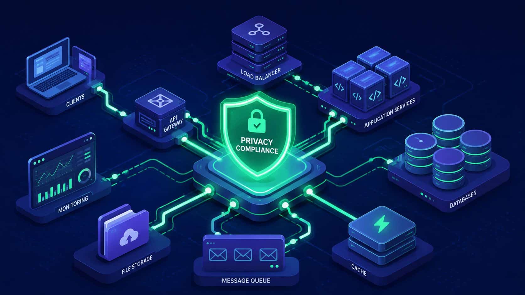 A digital illustration representing a centralized privacy compliance hub connected to various cloud infrastructure services and systems.