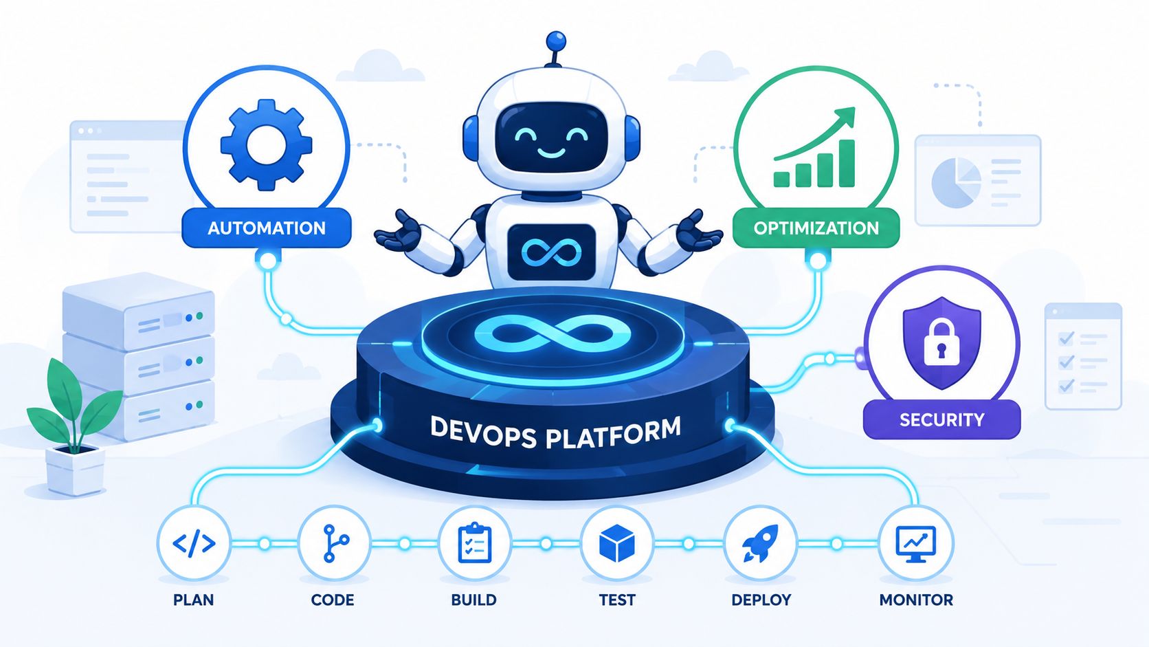 A friendly robot centered above a DevOps platform icon, surrounded by automation, optimization, and security process nodes.