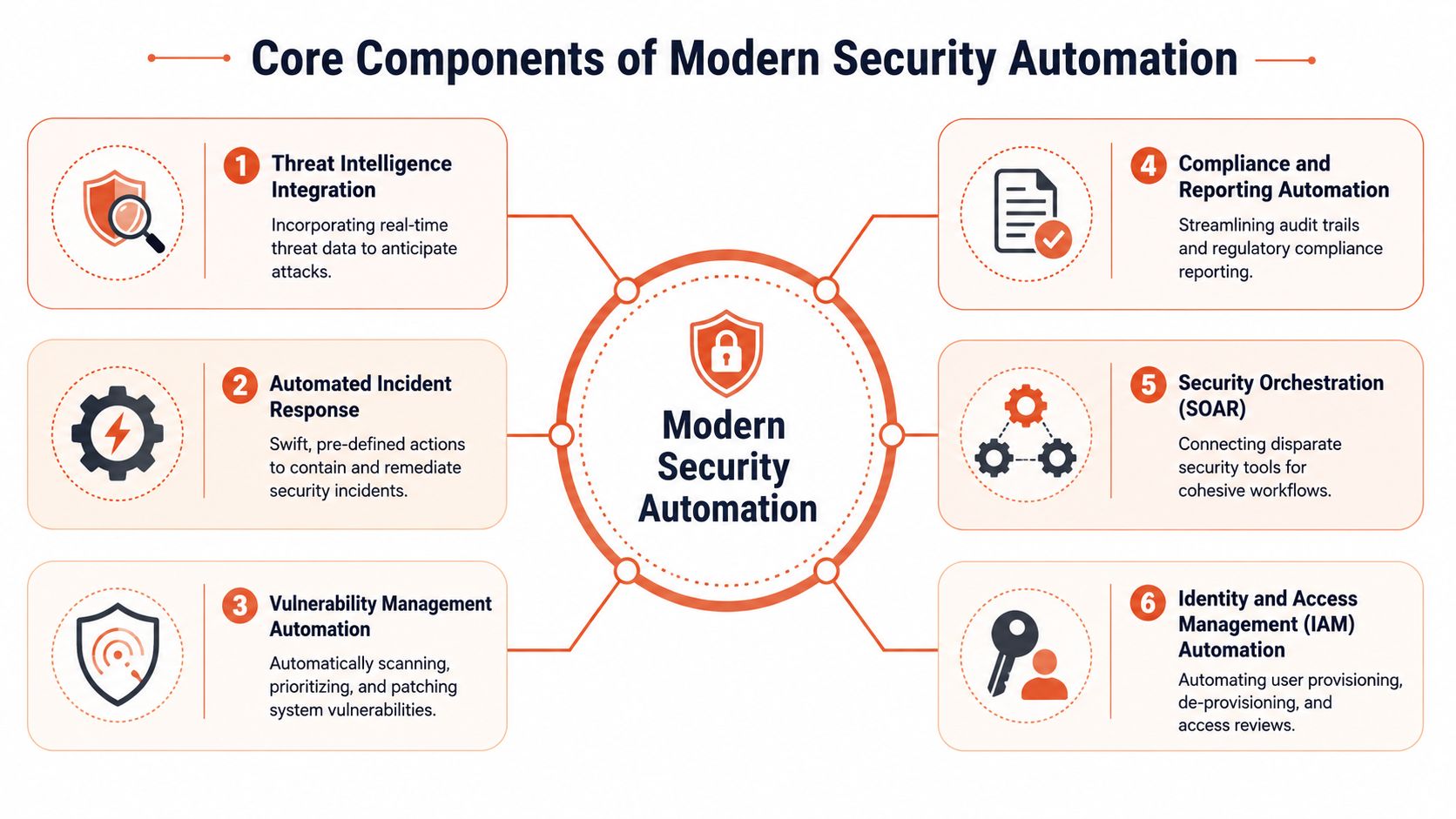 A diagram illustrating the six core components of modern security automation, including threat intelligence and incident response.