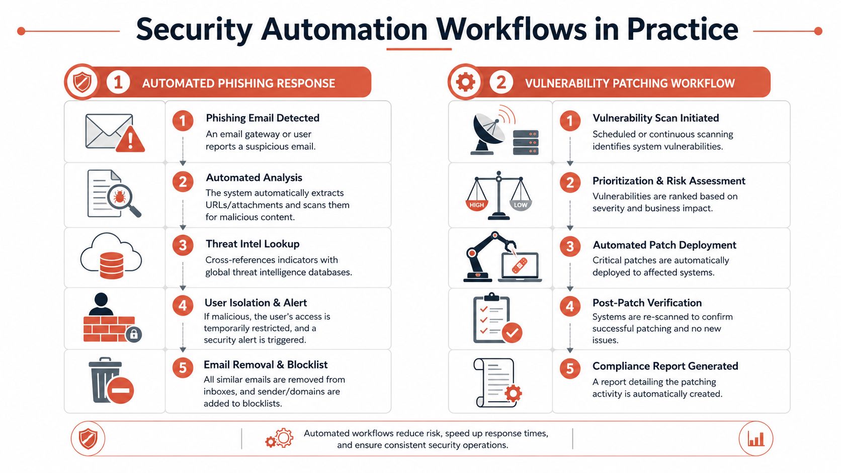 A flowchart infographic detailing the step-by-step process of automated phishing response and vulnerability patching security workflows.