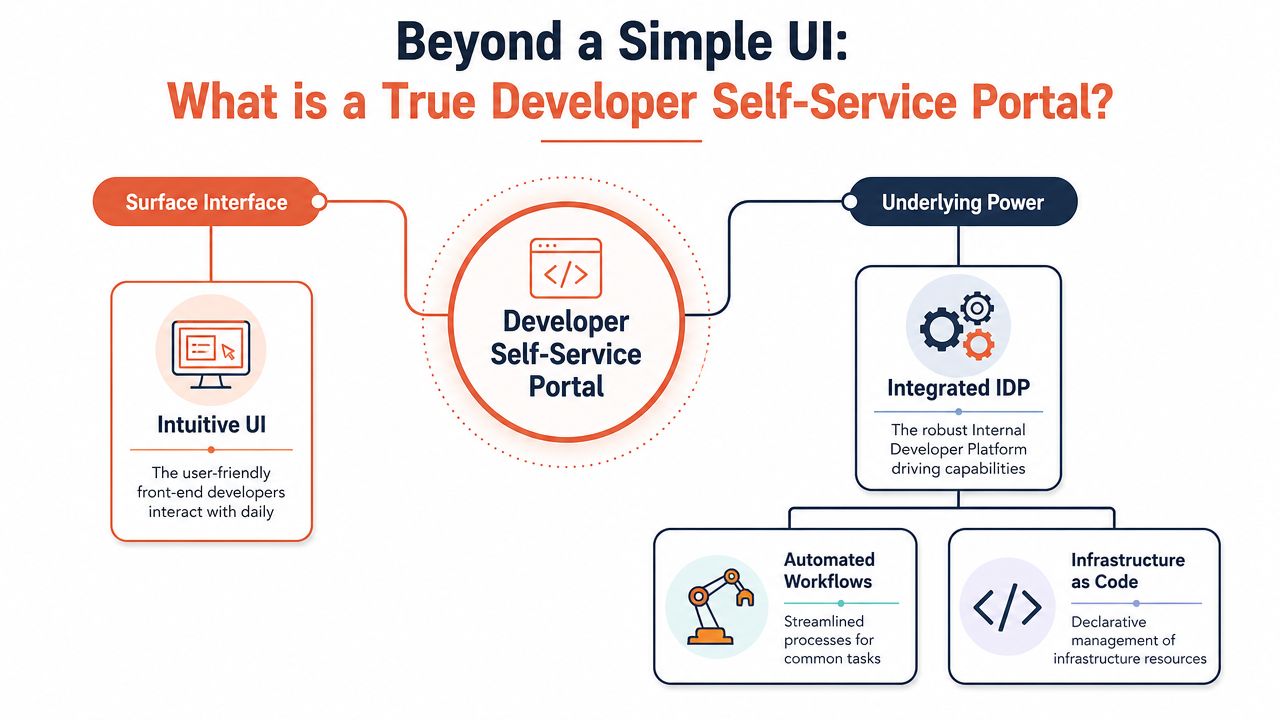 A diagram illustrating the components of a true developer self-service portal, including UI, workflows, and infrastructure.