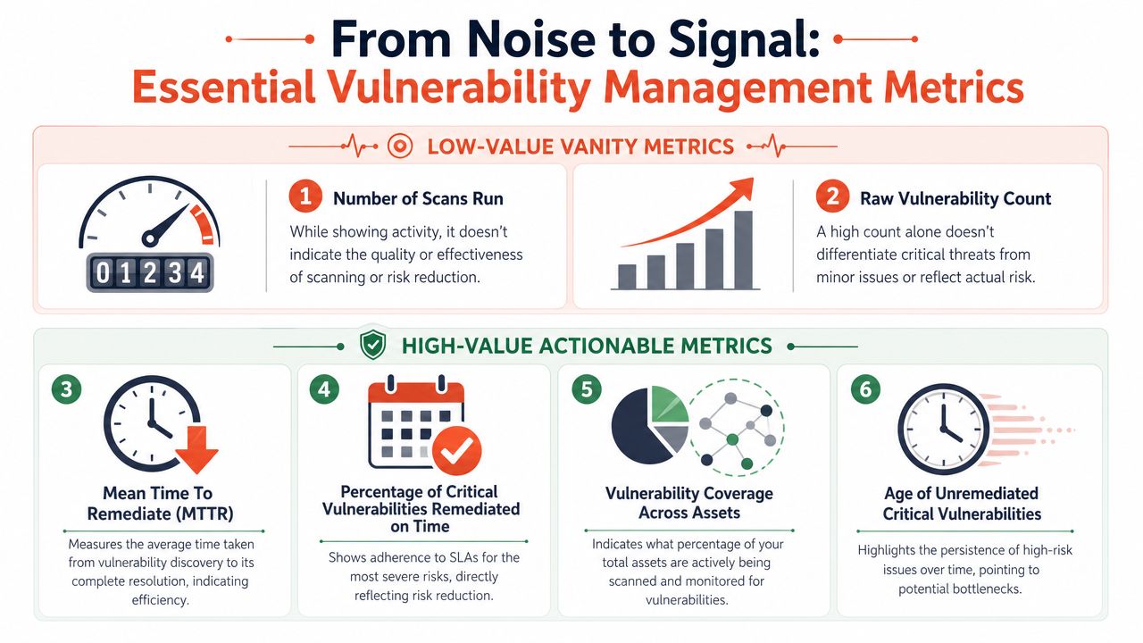 An infographic titled From Noise to Signal illustrating essential, high-value vulnerability management metrics versus low-value vanity metrics.