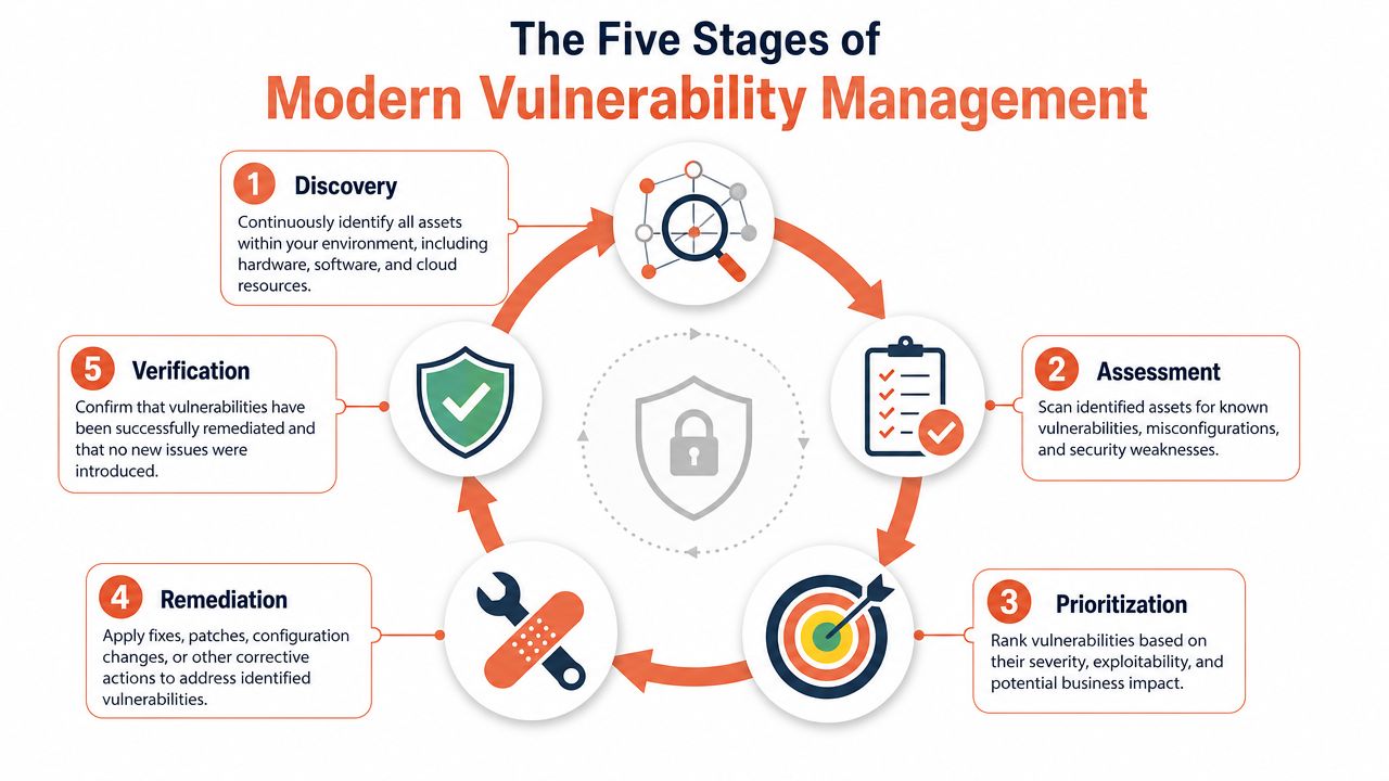 A circular diagram outlining the five stages of modern vulnerability management for cybersecurity and asset protection.