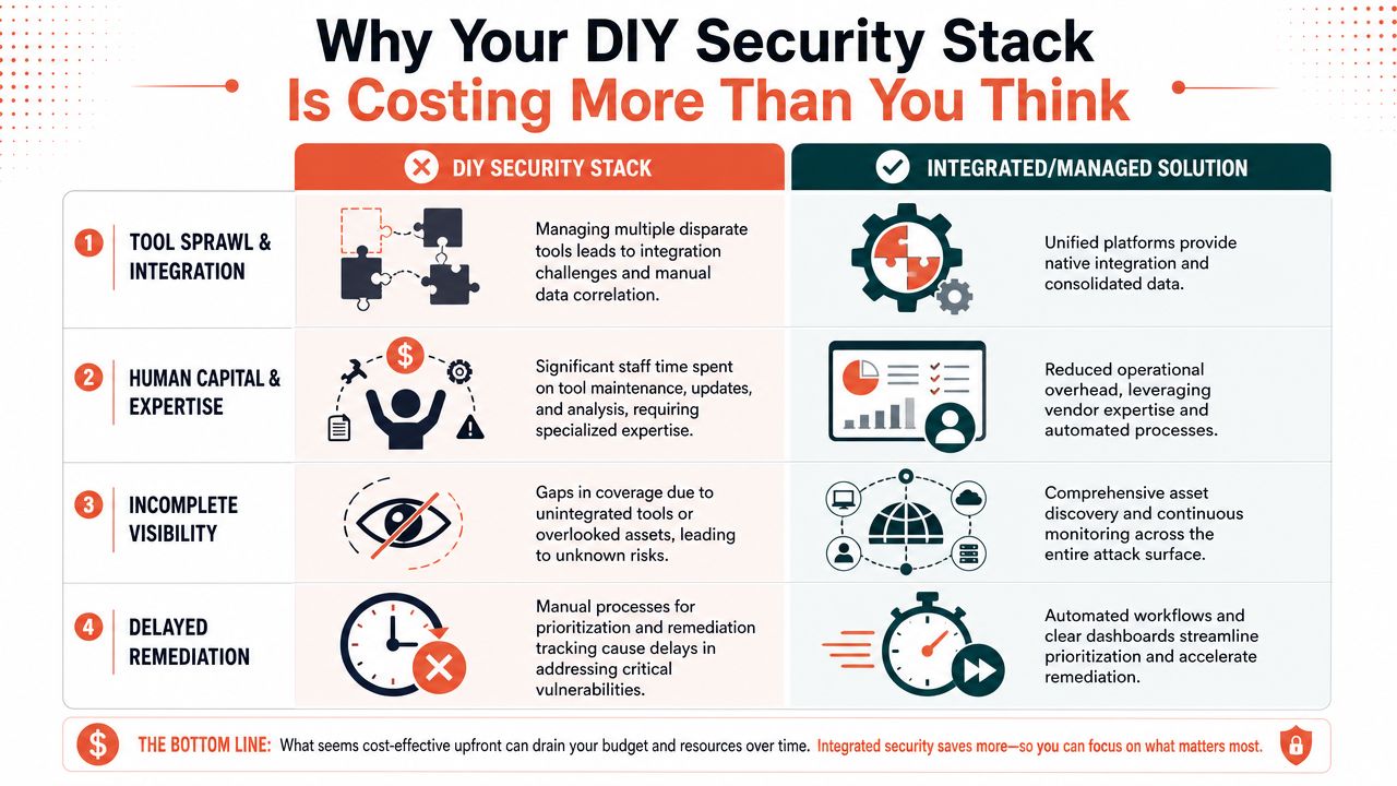 A comparison chart showing how DIY security stacks compare to integrated managed solutions for businesses.