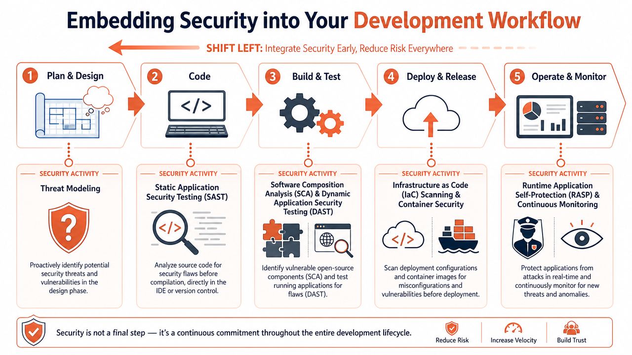 A diagram illustrating the DevSecOps process of embedding security practices across all stages of software development.