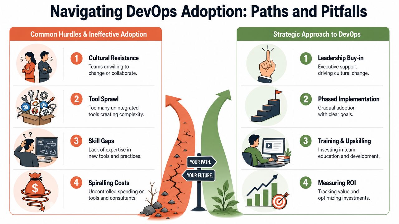 A diagram comparing common DevOps adoption hurdles and pitfalls against a strategic path to successful implementation.