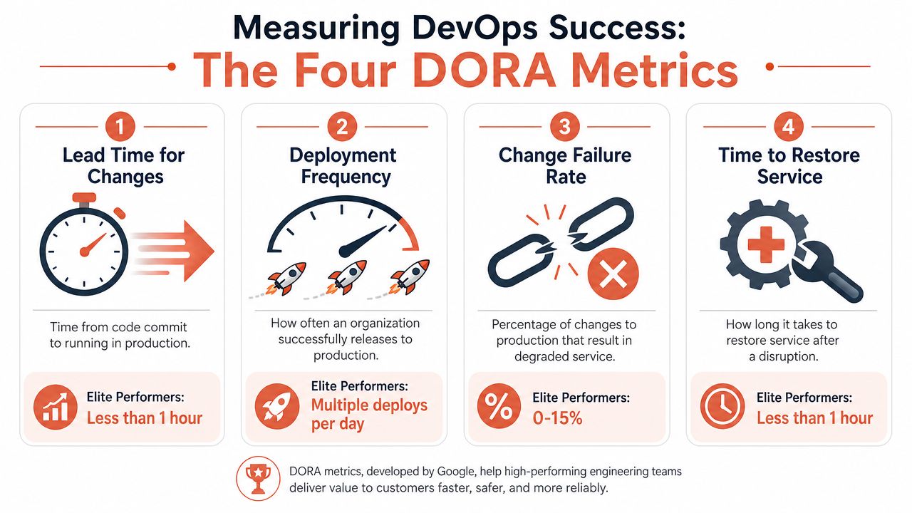 An infographic showing the four key DORA metrics used to measure DevOps engineering team performance.