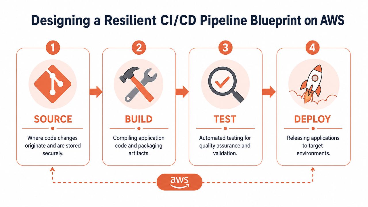 A diagram outlining the four-step CI/CD pipeline process of Source, Build, Test, and Deploy on AWS.