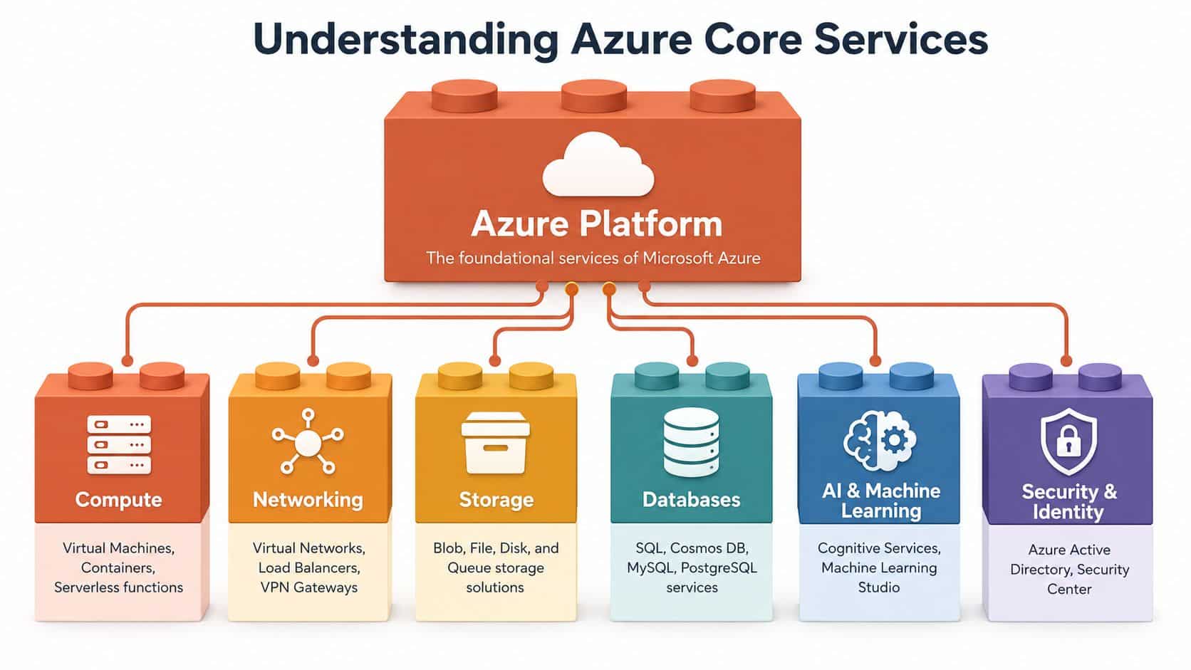 An infographic showing the core services of the Microsoft Azure platform, including compute, networking, storage, and security.