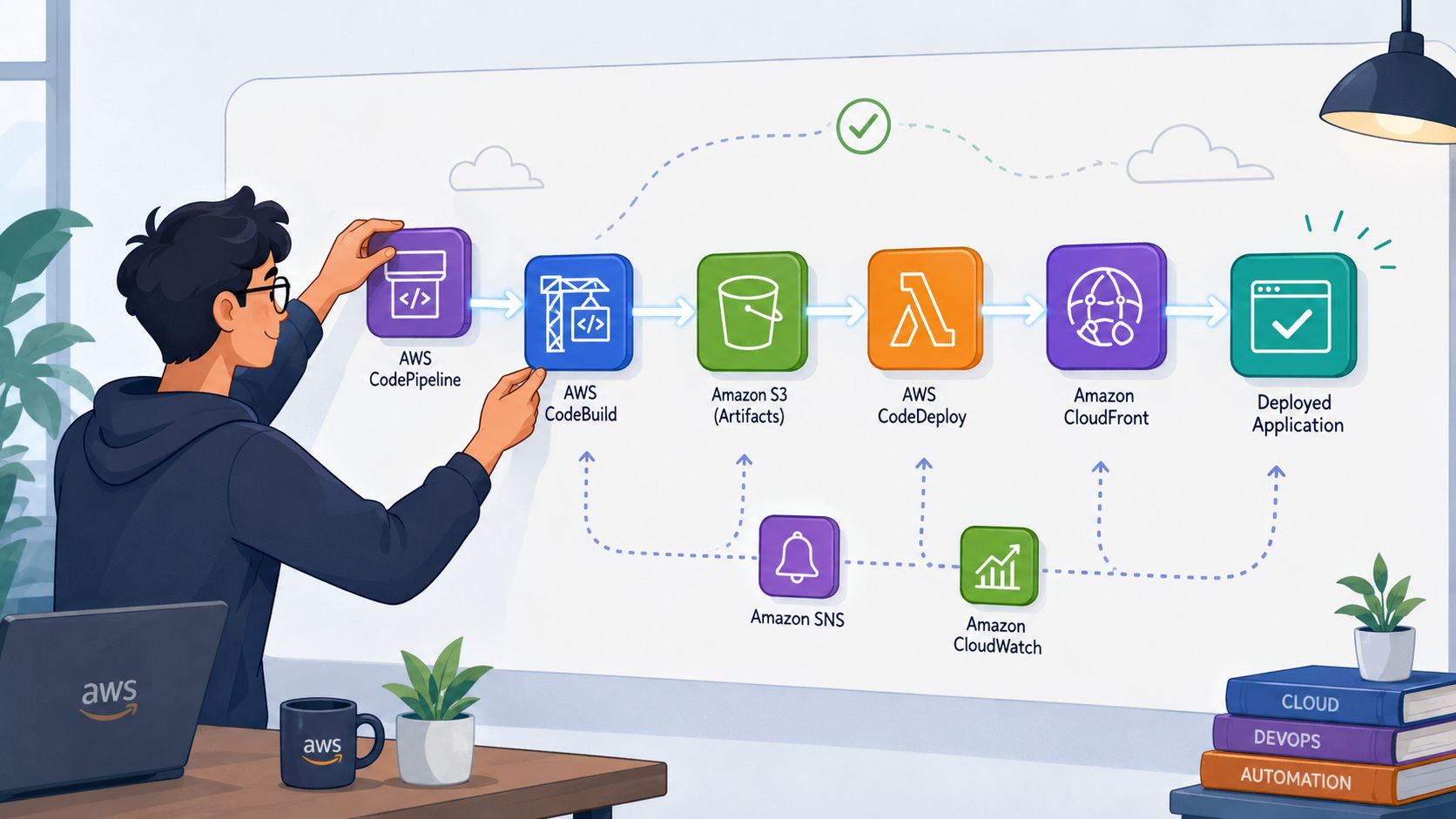 A person illustrating an AWS CI/CD pipeline workflow on a whiteboard with various cloud service icons.