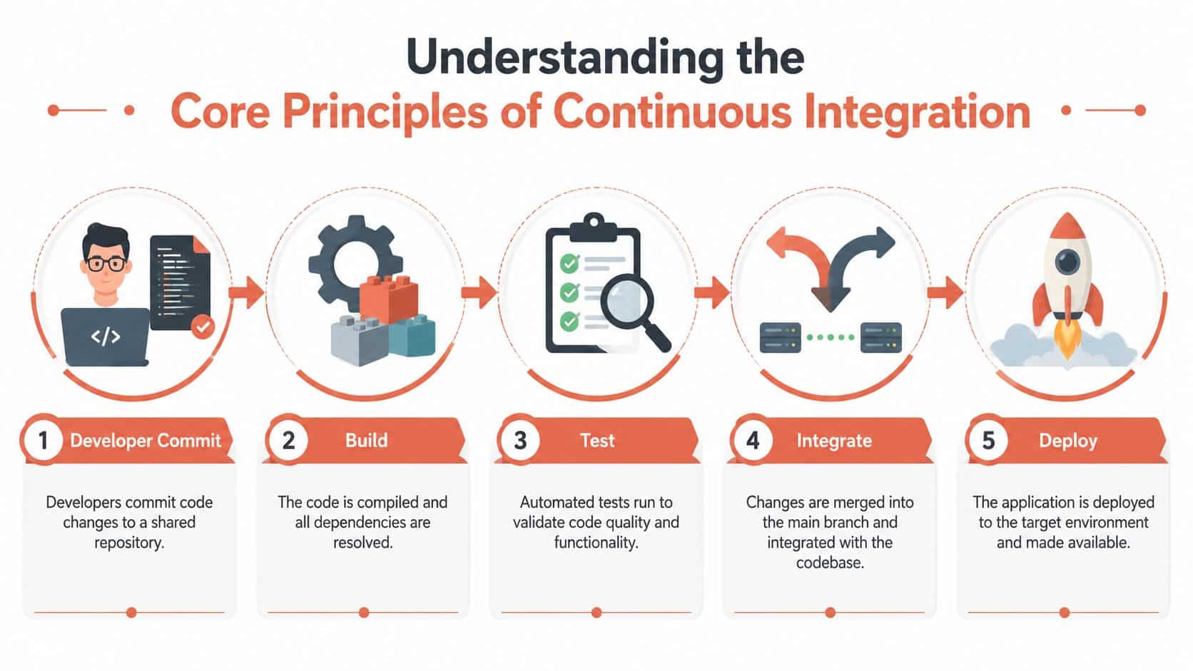 A five-step infographic illustrating the continuous integration process from developer commit to final application deployment.