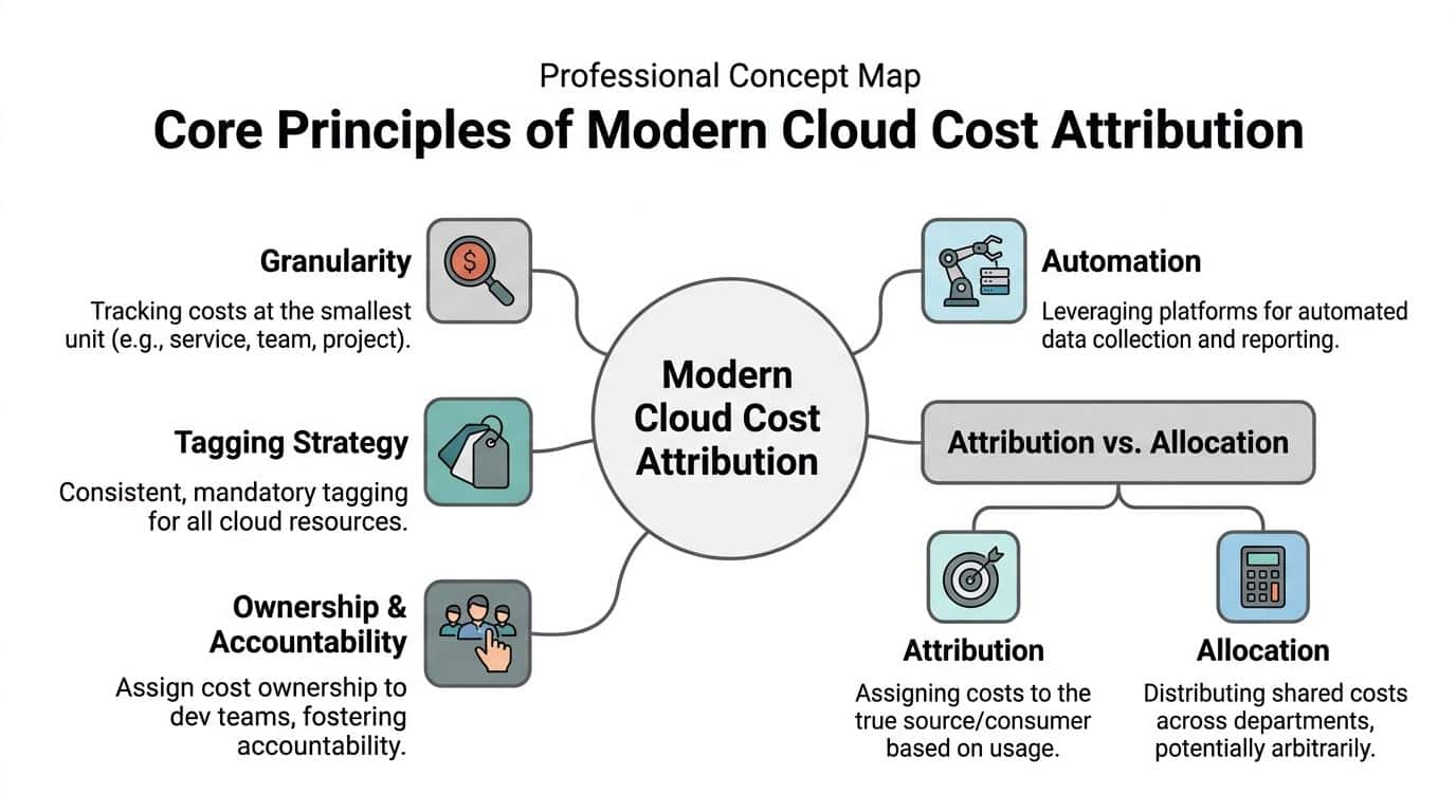 A professional concept map outlining the core principles of modern cloud cost attribution and allocation strategies.