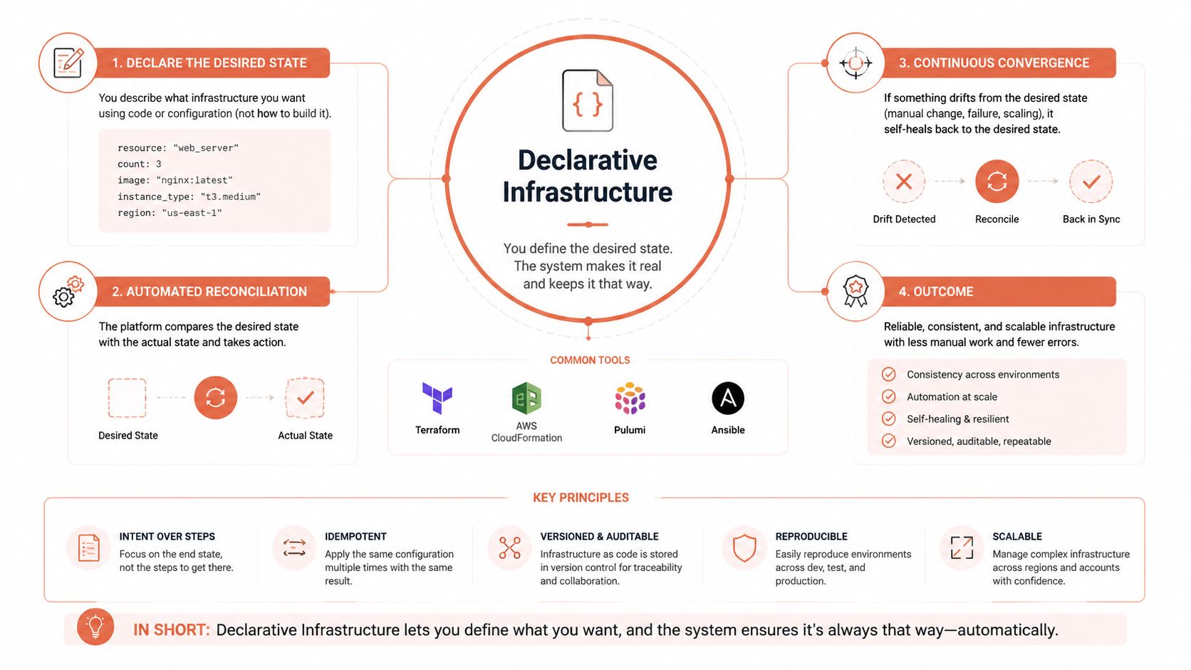 A diagram explaining declarative infrastructure, showing the process of defining states, automated reconciliation, continuous convergence, and key principles.