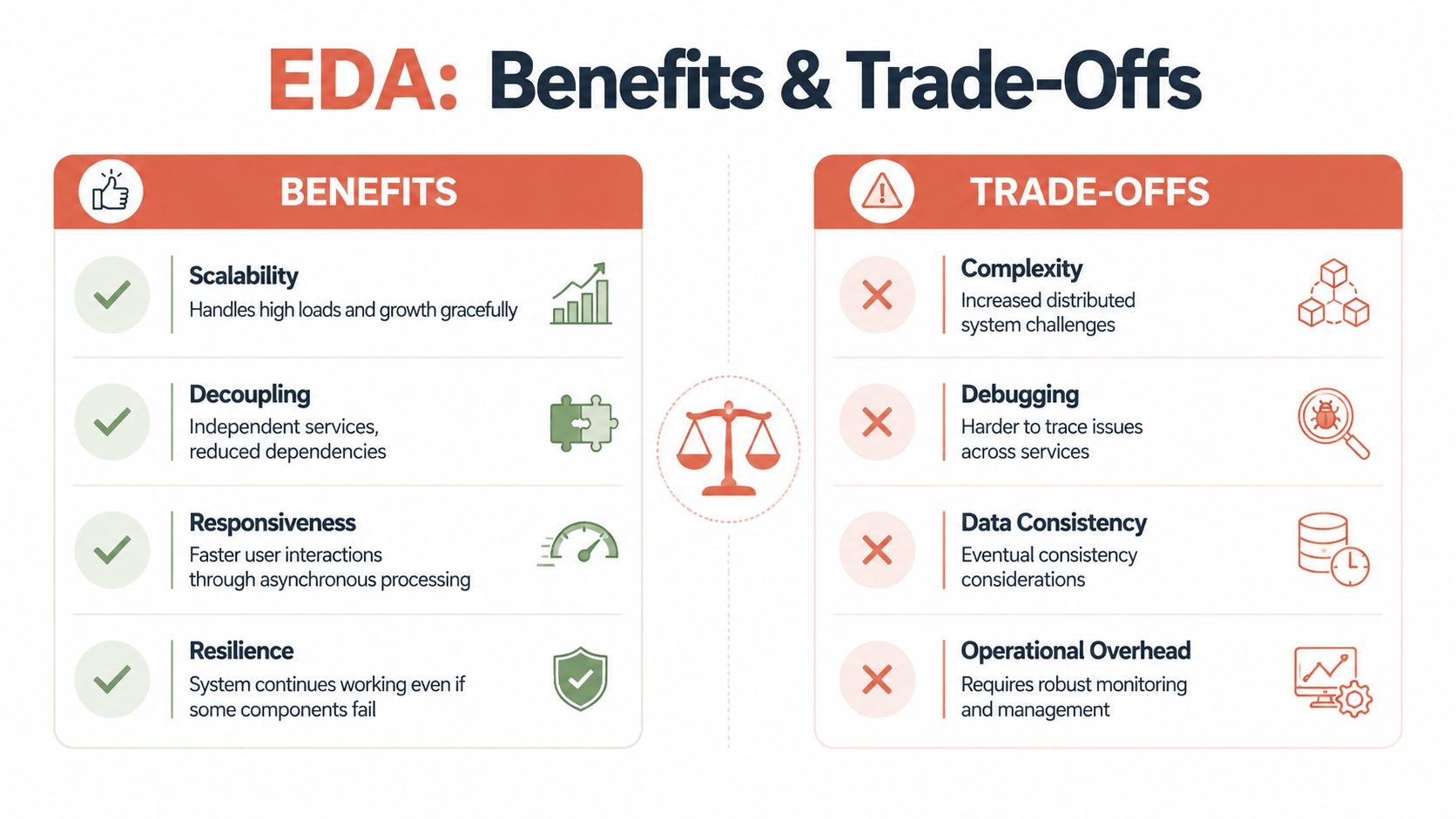A comparison chart outlining the key benefits and trade-offs of using Event-Driven Architecture in software systems.
