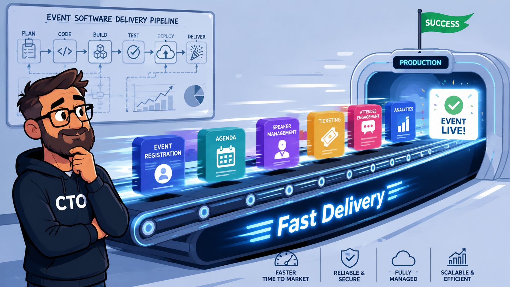 A CTO stands by a conveyor belt illustrating an automated event software delivery pipeline and successful deployment.