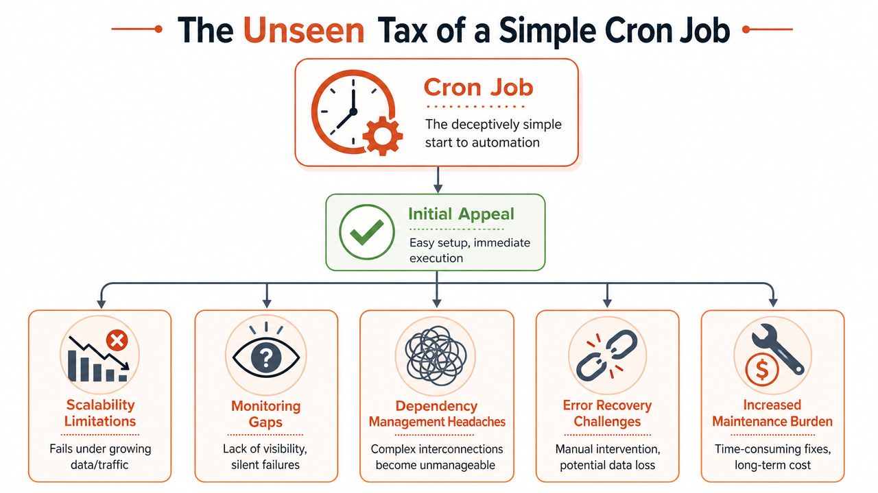 A flowchart illustrating the hidden challenges and maintenance issues of using simple cron jobs for automation.