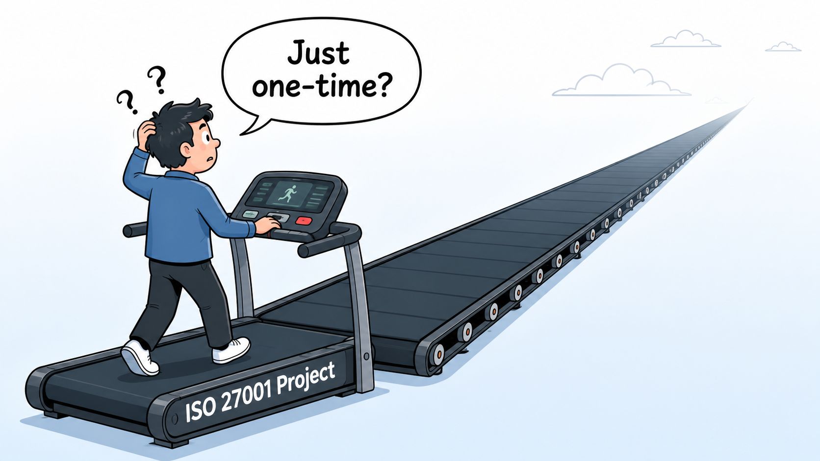 A person standing on a treadmill labeled ISO 27001 Project, questioning if it is only a one-time effort.