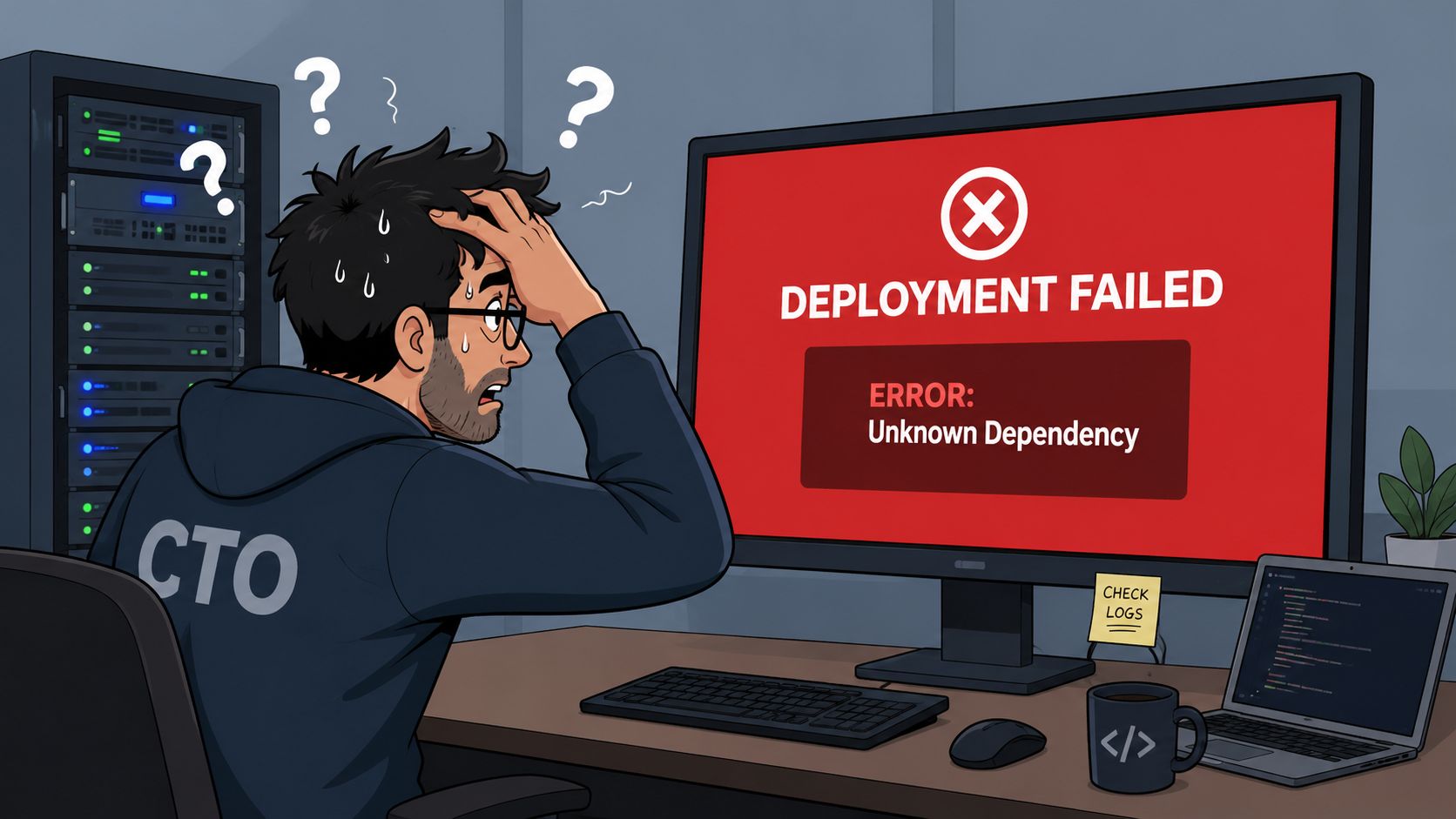A stressed CTO looking at a computer screen showing a deployment failed error message in an office.