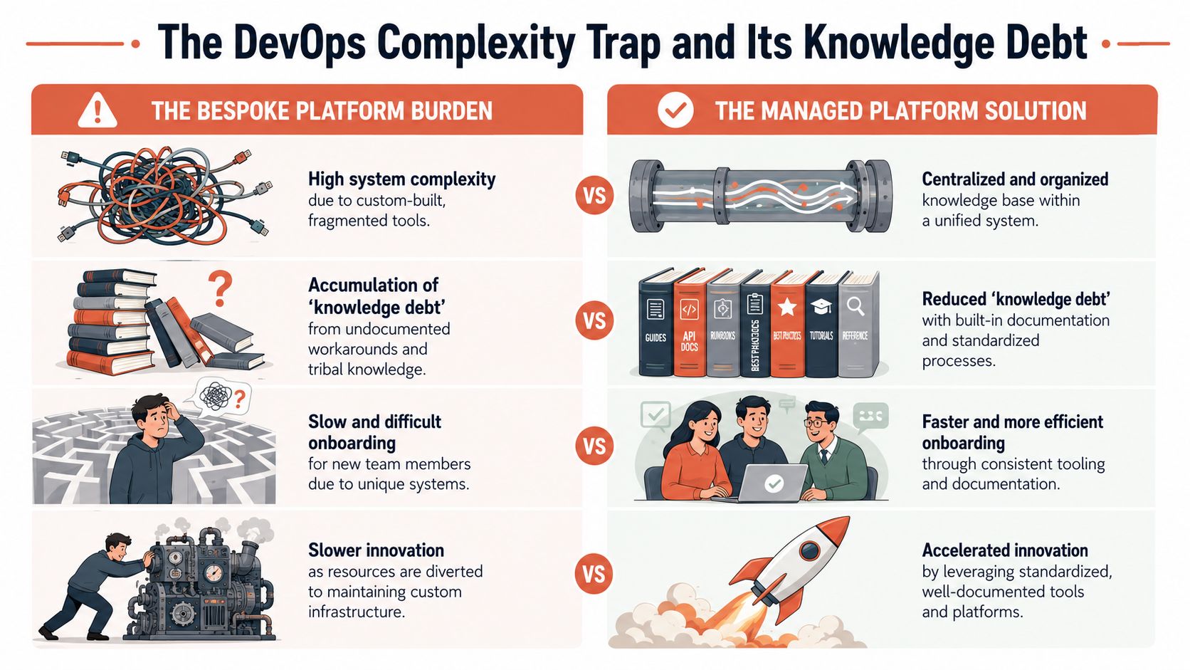 A comparison chart showing the negative effects of bespoke DevOps systems versus the benefits of managed platforms.