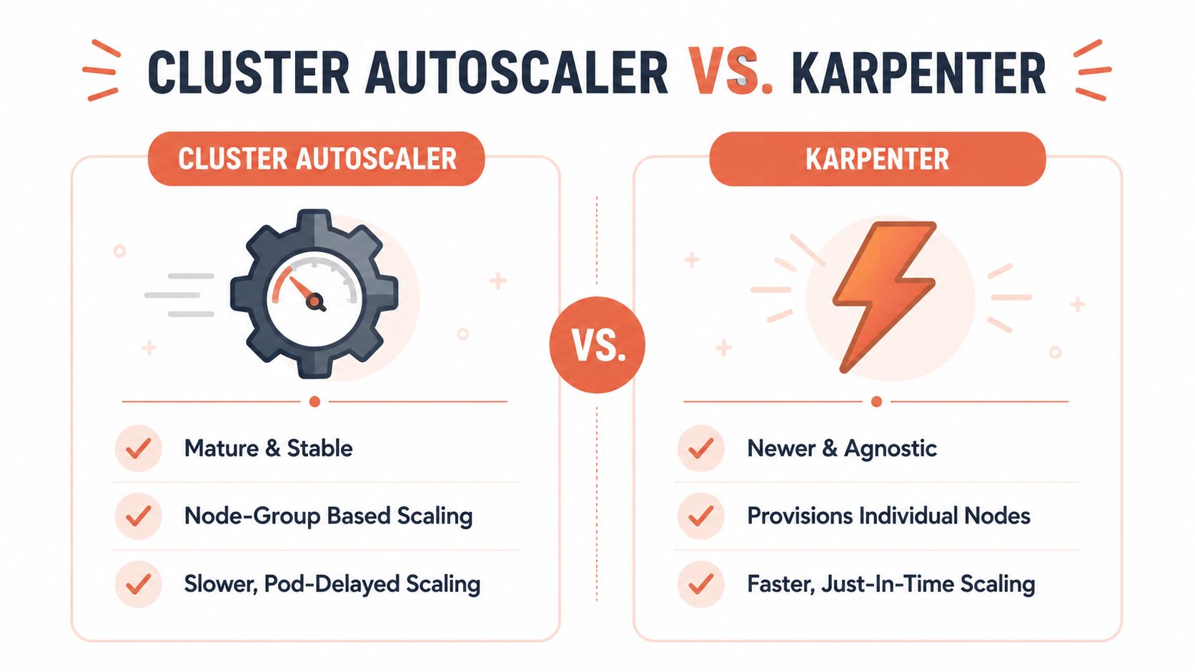 A comparison chart showing the differences between Kubernetes Cluster Autoscaler and Karpenter scaling technologies.