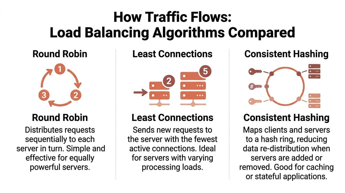 An infographic comparing three common load balancing algorithms: Round Robin, Least Connections, and Consistent Hashing.