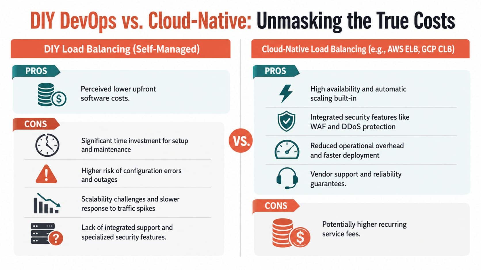 A comparison infographic highlighting the pros and cons of DIY load balancing versus cloud-native load balancing services.