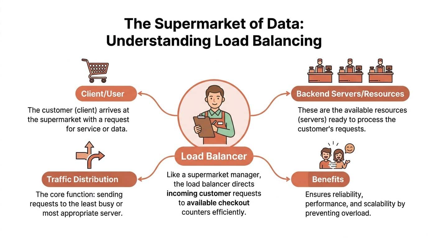A diagram explaining the load balancing concept using a supermarket analogy of customers, managers, and servers.