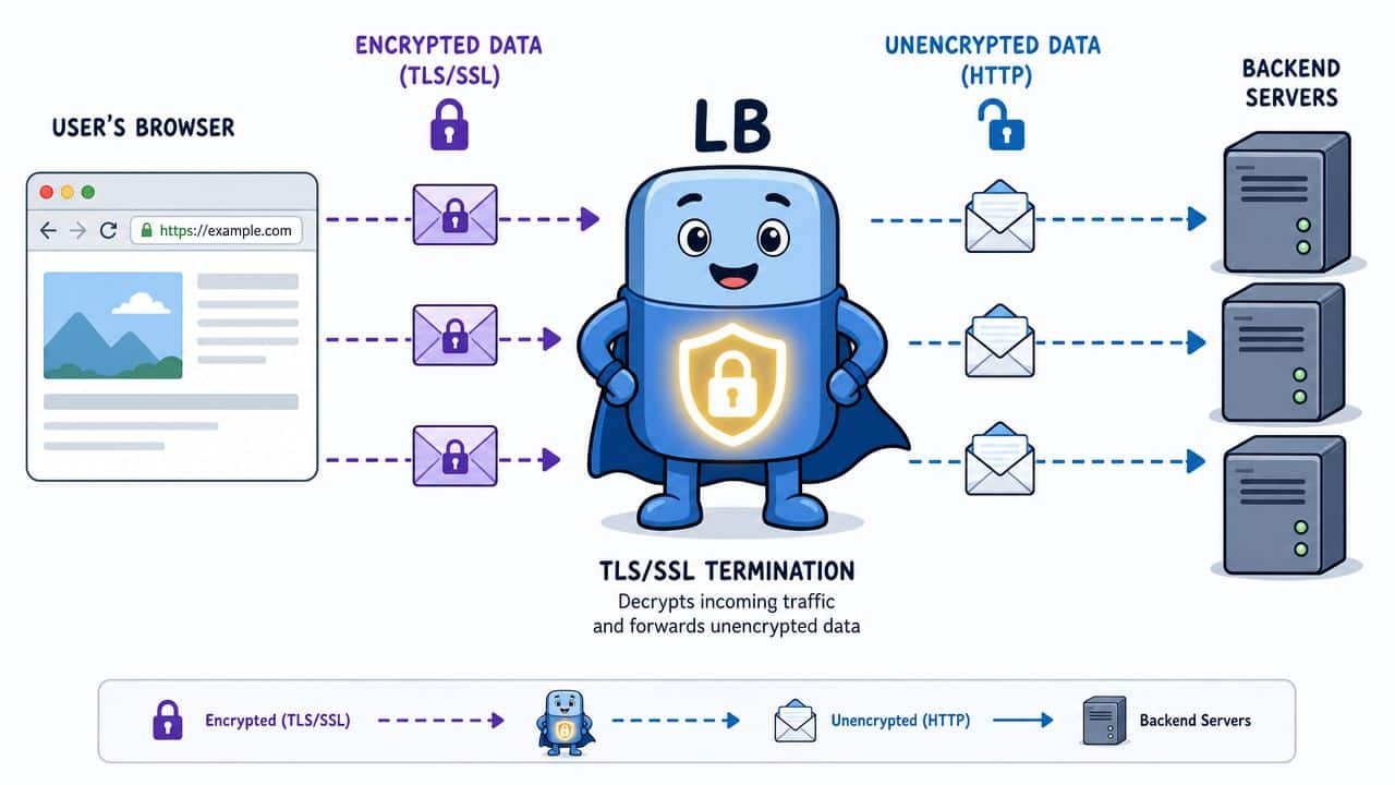 A diagram illustrating TLS/SSL termination where a load balancer decrypts secure browser traffic before forwarding to backend servers.