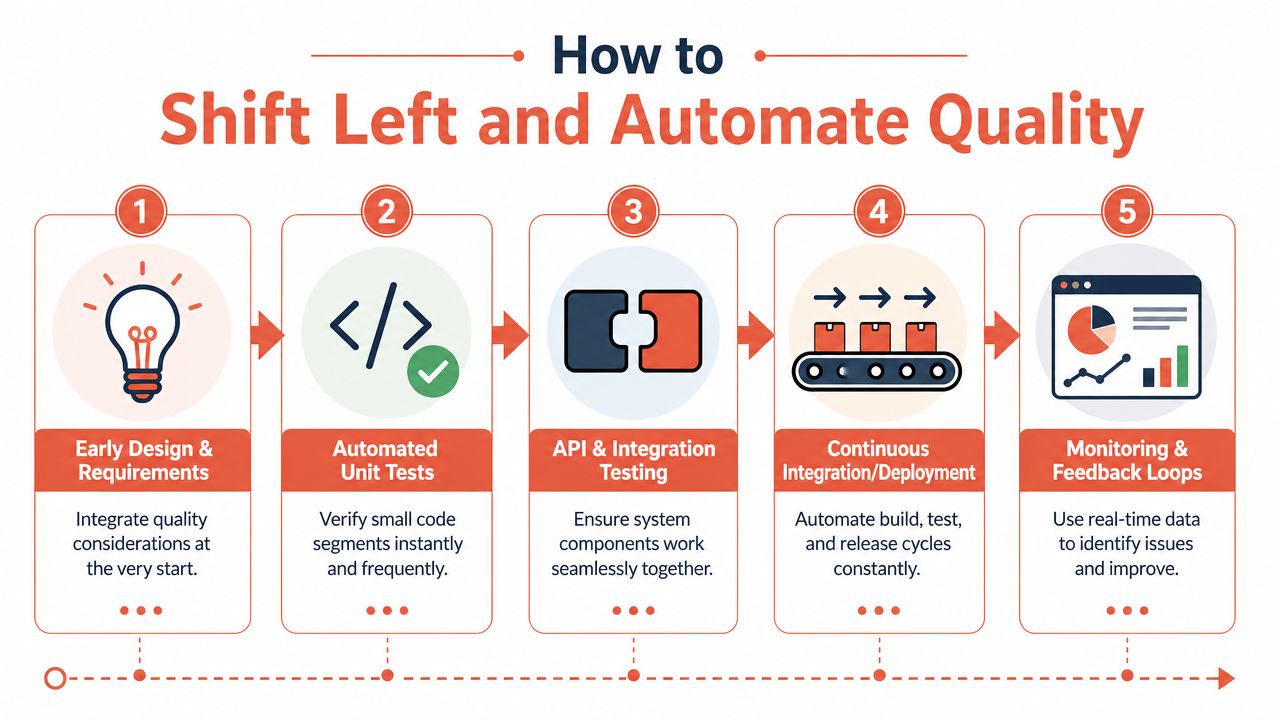A diagram illustrating the five-step process to shift left and automate quality in software development workflows.