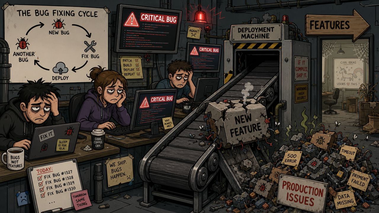 Exhausted software developers working in a cluttered office with many critical bugs and production issues.