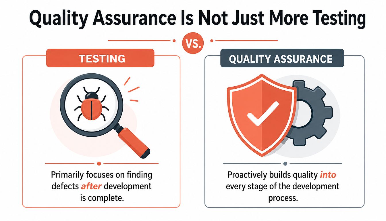 A comparison graphic showing how testing identifies defects while quality assurance proactively builds quality throughout development.