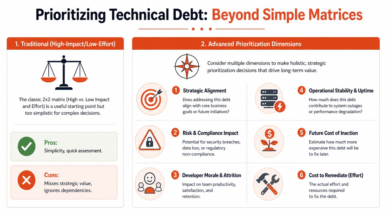 A visual guide comparing traditional prioritization matrices with advanced technical debt management strategies for better decision making.