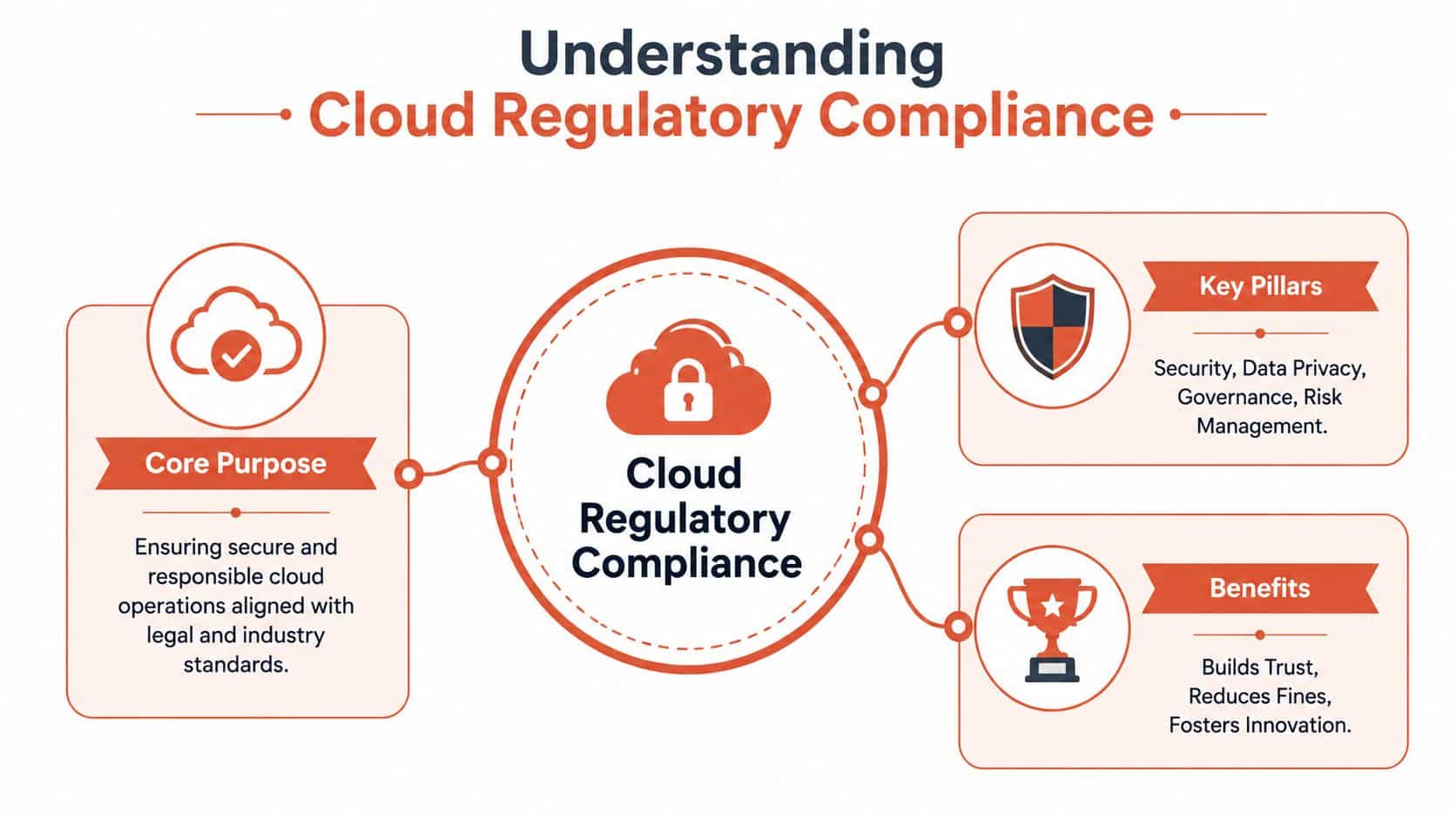 An infographic illustrating Cloud Regulatory Compliance, highlighting its core purpose, key pillars, and associated benefits.