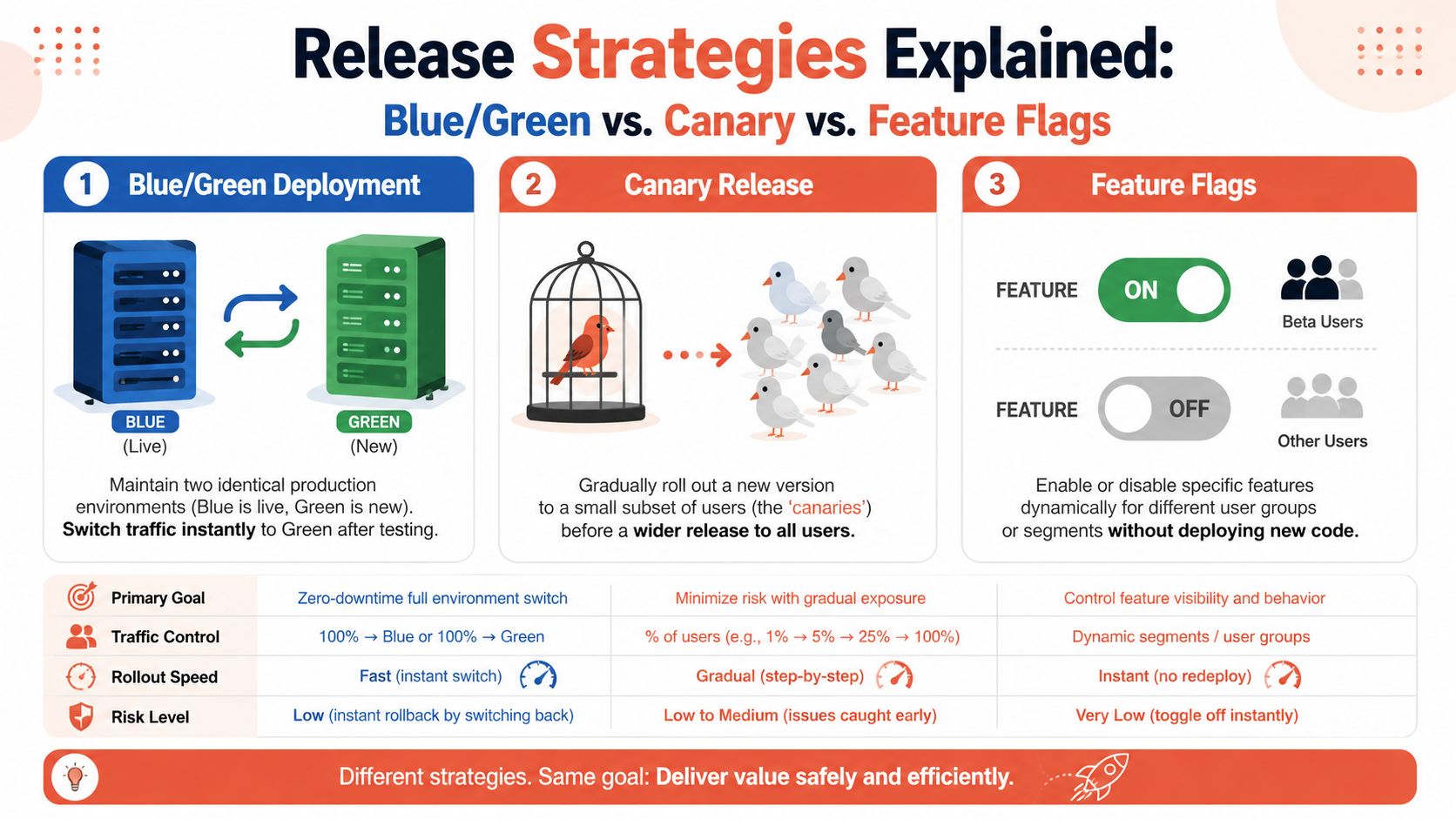 A comparison infographic explaining three common software deployment strategies: Blue/Green Deployment, Canary Release, and Feature Flags.