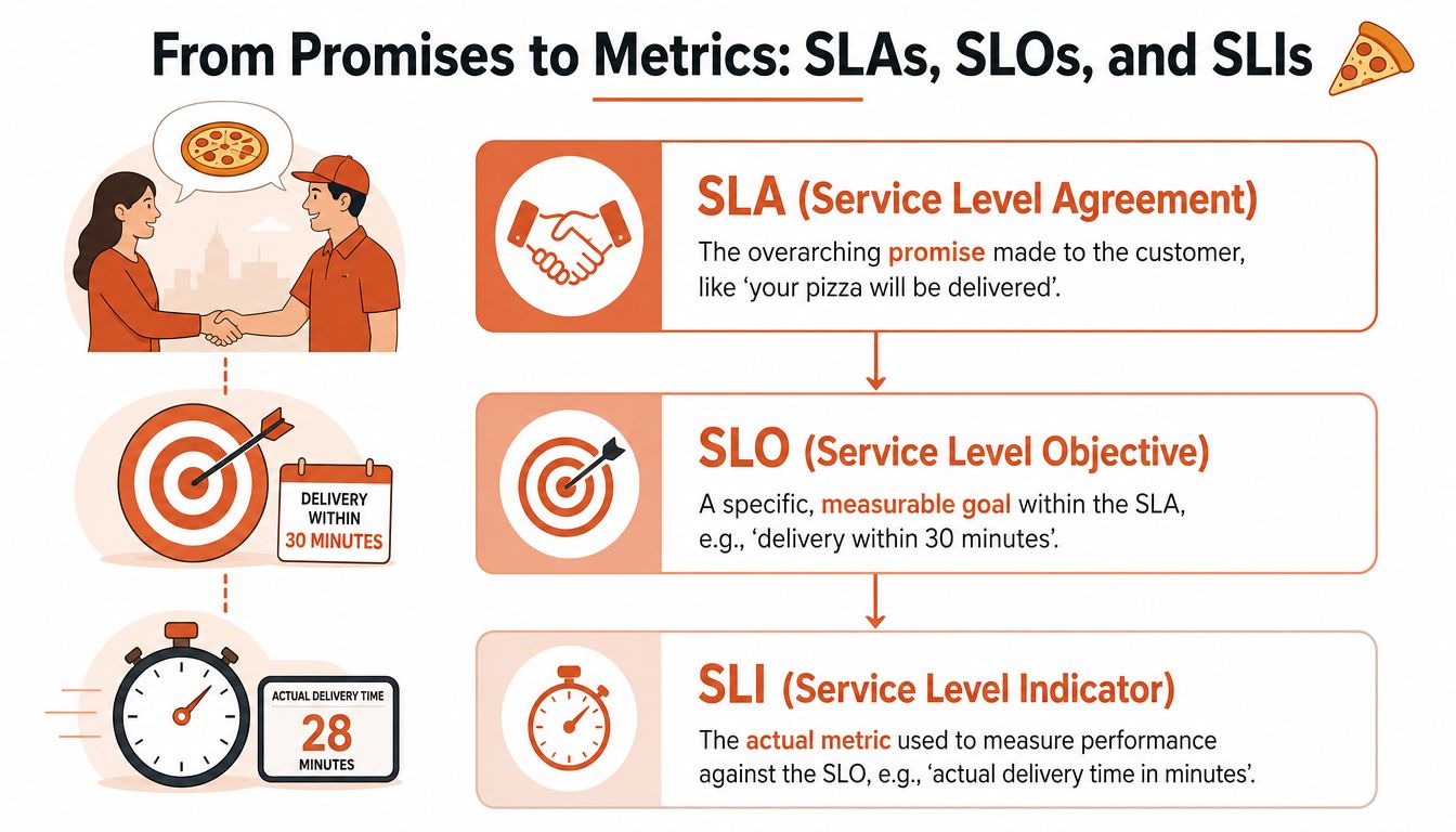 A diagram explaining the concepts of SLA, SLO, and SLI using a pizza delivery analogy.