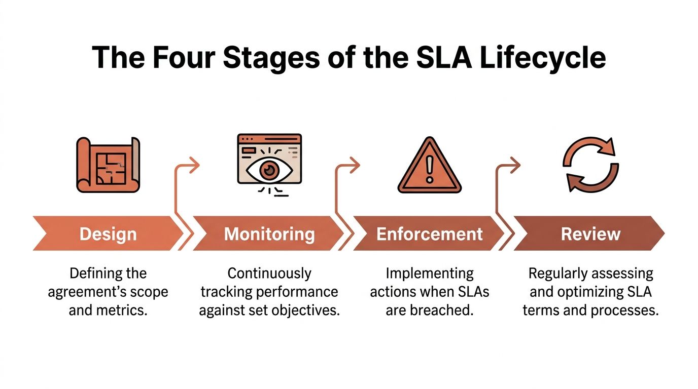 A diagram illustrating the four stages of the SLA lifecycle: Design, Monitoring, Enforcement, and Review.
