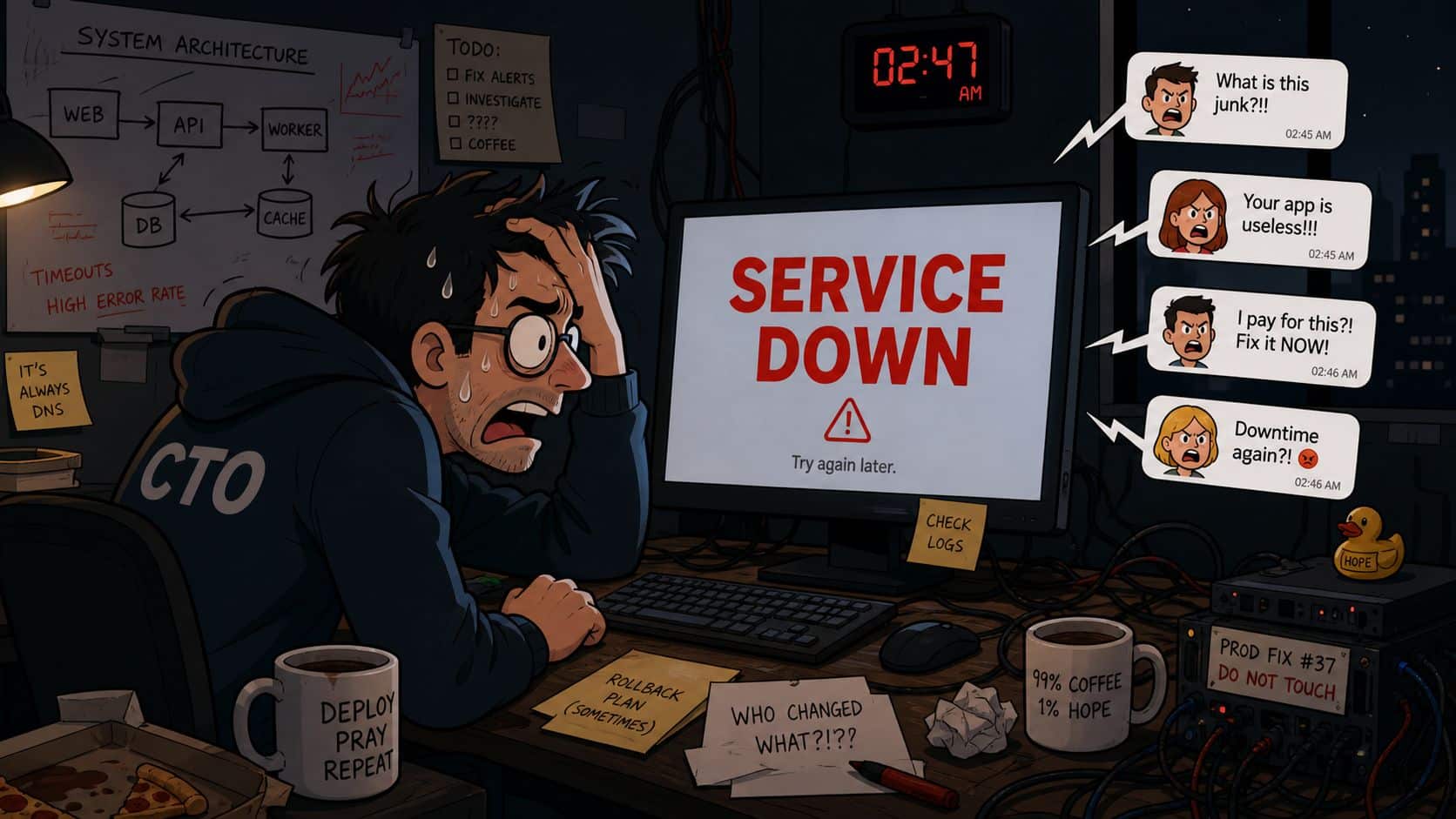 A stressed CTO sitting in a messy office during a late night server outage technical emergency.
