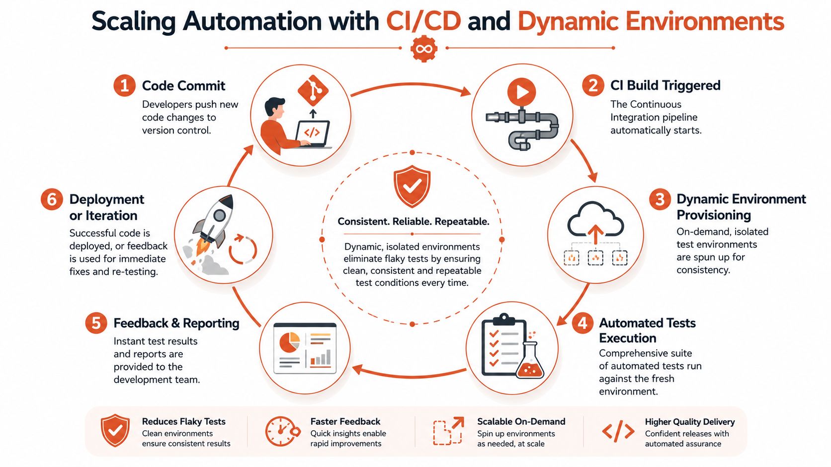 A circular infographic detailing the six steps of scaling automation with CI/CD and dynamic environments.