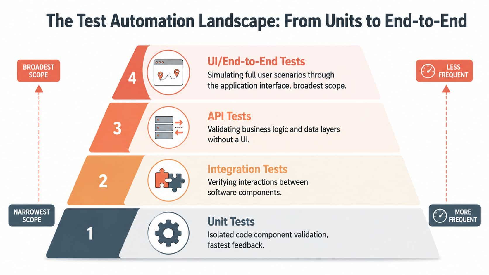 A pyramid diagram showing the four layers of test automation from unit tests to end-to-end tests.
