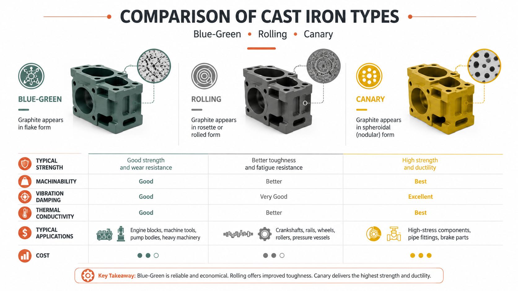 A comparison chart showing the differences between three types of cast iron: Blue-Green, Rolling, and Canary.